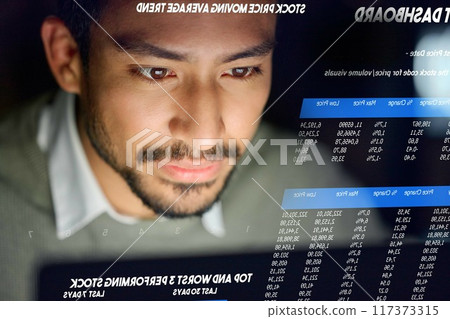 Business man, dashboard and stock market hologram for trading, investment and stocks. Face, future overlay and male with digital ui or ux for financial app or software for profit growth at night. Business man, dashboard and stock market hologram for trading, investment and stocks. Face, future overlay and male with digital ui or ux for financial app or software for profit growth at night. 117373315