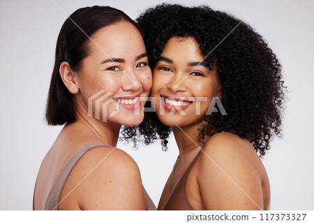 Diversity, beauty and portrait of women for skincare, wellness and body positivity in studio. Dermatology, self love and face of Asian and black girl for luxury cosmetics, makeup and natural glow Diversity, beauty and portrait of women for skincare, wellness and body positivity in studio. Dermatology, self love and face of Asian and black girl for luxury cosmetics, makeup and natural glow 117373327