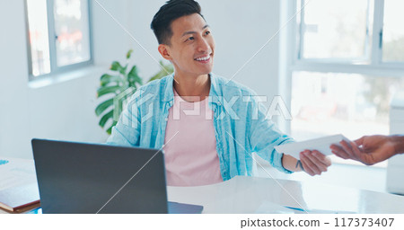 Letter, delivery with businessman and mail with hand of courier and communication with envelope and service. Company, b2b and networking with paperwork, documents and a note in the post at office Letter, delivery with businessman and mail with hand of courier and communication with envelope and service. Company, b2b and networking with paperwork, documents and a note in the post at office 117373407