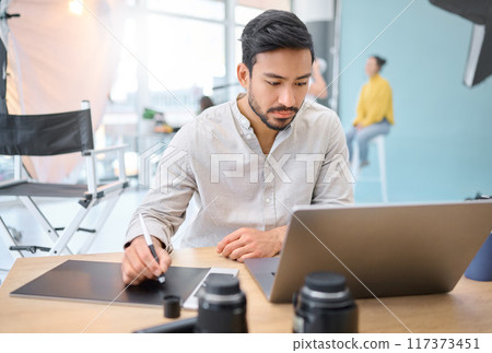 Graphic tablet, laptop and photography man editing photoshoot, focus on digital art or retouching artistic photo. Vision, professional design pen and creative photographer working on camera process Graphic tablet, laptop and photography man editing photoshoot, focus on digital art or retouching artistic photo. Vision, professional design pen and creative photographer working on camera process 117373451