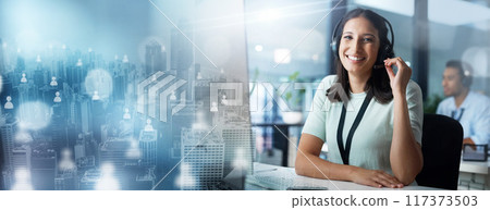 Crm, overlay or woman in a telemarketing call center helping, talking or networking online at desk. City hologram, portrait or happy insurance agent in communication at customer services or sales job Crm, overlay or woman in a telemarketing call center helping, talking or networking online at desk. City hologram, portrait or happy insurance agent in communication at customer services or sales job 117373503