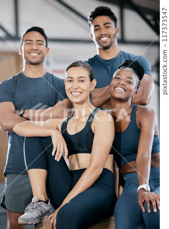 Fitness smile and portrait of friends in gym for teamwork, support and workout. Motivation, coaching and health with people training in sports center for cardio, endurance and wellness challenge 117373547