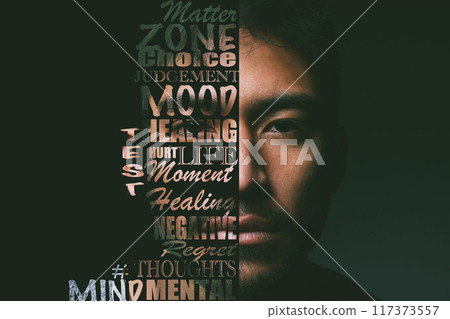 Portrait, Asian man and letter collage overlay of serious face with strong text about mental health. Letter, strong and focus of emotion, power and motivation message with a studio background Portrait, Asian man and letter collage overlay of serious face with strong text about mental health. Letter, strong and focus of emotion, power and motivation message with a studio background 117373557