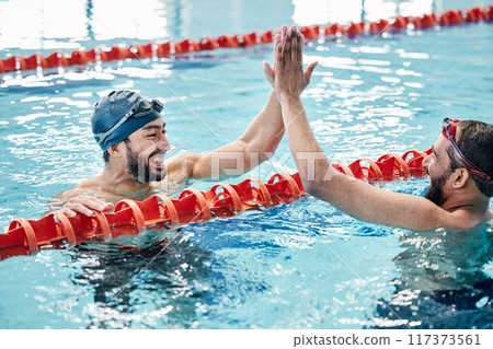 Fitness, success or friends high five in swimming pool to celebrate winning a team sports competition. Target, happy or excited men in celebration with support or motivation in a training workout Fitness, success or friends high five in swimming pool to celebrate winning a team sports competition. Target, happy or excited men in celebration with support or motivation in a training workout 117373561