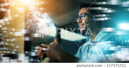 Businessman, hologram and global communication in call center for futuristic IT support or digital transformation at night in double exposure. Male consultant in big data, telemarketing or networking Businessman, hologram and global communication in call center for futuristic IT support or digital transformation at night in double exposure. Male consultant in big data, telemarketing or networking 117373721