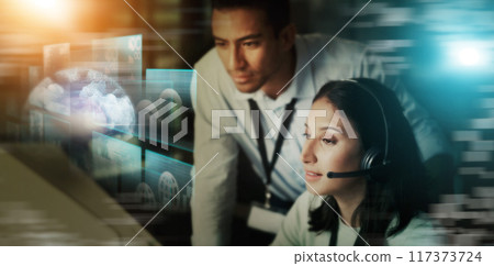 Business people, call center and digital marketing hologram for telemarketing advice or desktop support in double exposure. Consultant in global communication with online, big data or help on overlay 117373724