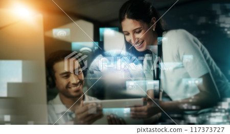 Overlay, future and woman with man, call center and telemarketing for communication, holographic and system update. Futuristic, female manager help male consultant or talking with tablet and hologram Overlay, future and woman with man, call center and telemarketing for communication, holographic and system update. Futuristic, female manager help male consultant or talking with tablet and hologram 117373727