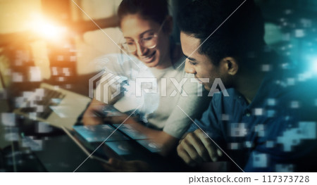 Creative business people, tablet and future networking in planning or collaboration at night in double exposure. Developing team in startup strategy for digital marketing or big data on overlay Creative business people, tablet and future networking in planning or collaboration at night in double exposure. Developing team in startup strategy for digital marketing or big data on overlay 117373728