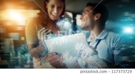 Creative business people, tablet and digital marketing for global or future networking and collaboration at night in double exposure. Developing team in startup strategy for big data or 3D on overlay Creative business people, tablet and digital marketing for global or future networking and collaboration at night in double exposure. Developing team in startup strategy for big data or 3D on overlay 117373729