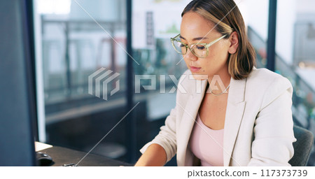 Business woman, computer and office for email marketing, website planning or social media management with career focus. Asian worker, editor or writer in glasses on desktop copywriting for newsletter 117373739