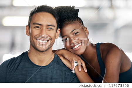Fitness, portrait or couple of friends at gym bonding and embrace or hug in training, exercise or workout. Team partnership, coach or happy black woman in smile with pride together in a health club 117373806