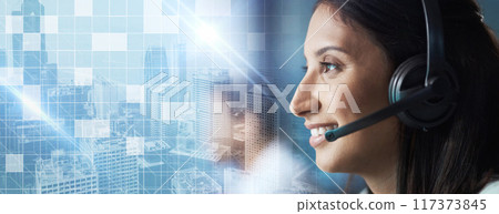 Ecommerce, overlay or sales consultant in a call center job helping, talking or networking online. Graphic hologram, woman or insurance agent in communication at customer services or sales at desk 117373845