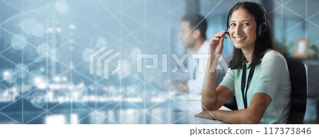 Portrait, hologram or woman consulting in a call center office helping, talking or networking online. Graphic overlay, happy or insurance agent in communication at customer services or sales at desk 117373846