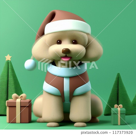 玩具貴賓犬打扮成聖誕老人和聖誕禮物 117373920