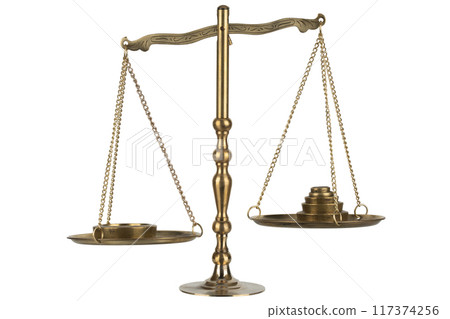 Bronze traditional balance scale with weights isolated on white Bronze traditional balance scale with weights isolated on white 117374256