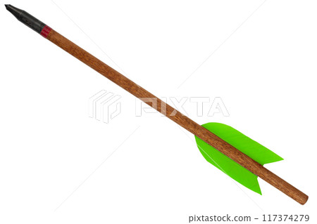 Wooden medieval crossbow bolt with green feather Wooden medieval crossbow bolt with green feather 117374279