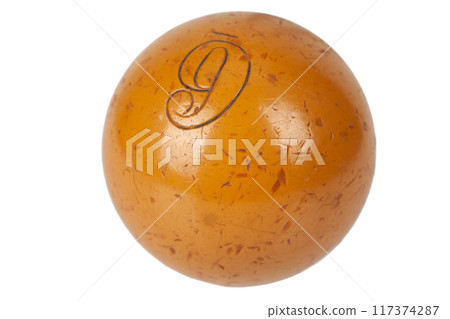 Old vintage billiard ball, number six. On white background 117374287