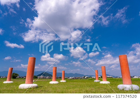 Kashihara City, Nara Prefecture: Fujiwara Palace ruins and Mount Unebi in midsummer Kashihara City, Nara Prefecture: Fujiwara Palace ruins and Mount Unebi in midsummer 117374520