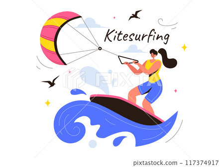Kitesurfing Vector Illustration featuring a Kite Surfer Standing on a Kiteboard in the Summer Sea in Extreme Water Sports with a Cartoon Background 117374917