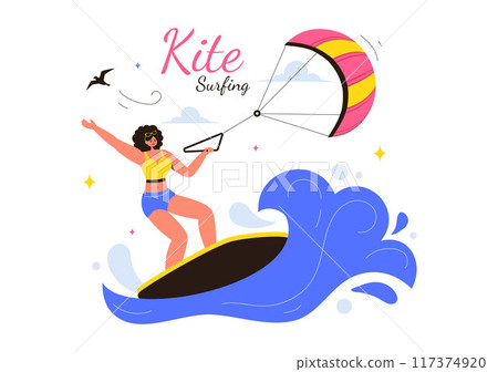 Kitesurfing Vector Illustration featuring a Kite Surfer Standing on a Kiteboard in the Summer Sea in Extreme Water Sports with a Cartoon Background Kitesurfing Vector Illustration featuring a Kite Surfer Standing on a Kiteboard in the Summer Sea in Extreme Water Sports with a Cartoon Background 117374920