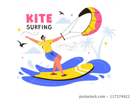 Kitesurfing Vector Illustration featuring a Kite Surfer Standing on a Kiteboard in the Summer Sea in Extreme Water Sports with a Cartoon Background 117374922
