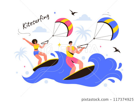 Kitesurfing Vector Illustration featuring a Kite Surfer Standing on a Kiteboard in the Summer Sea in Extreme Water Sports with a Cartoon Background Kitesurfing Vector Illustration featuring a Kite Surfer Standing on a Kiteboard in the Summer Sea in Extreme Water Sports with a Cartoon Background 117374925