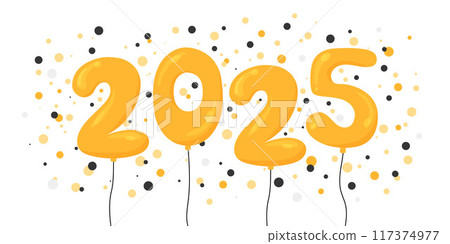 2025 New Year celebration vector illustration. Balloons numbers and confetti. Flat style golden colored helium balloons isolated. Inflatable digits on strings 2025 New Year celebration vector illustration. Balloons numbers and confetti. Flat style golden colored helium balloons isolated. Inflatable digits on strings 117374977