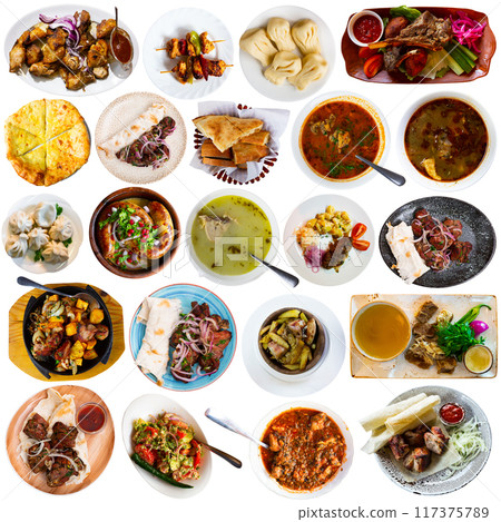 Georgian dishes over white background Georgian dishes over white background 117375789