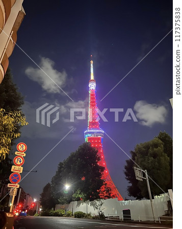 Illuminated Tokyo Tower at night as seen from Shiba Park 117375838