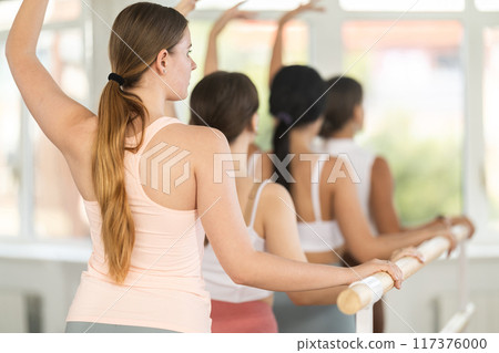 Young girl practicing third arm position holding by ballet barre 117376000