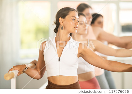 Young girl practicing second arm position holding by ballet barre Young girl practicing second arm position holding by ballet barre 117376056