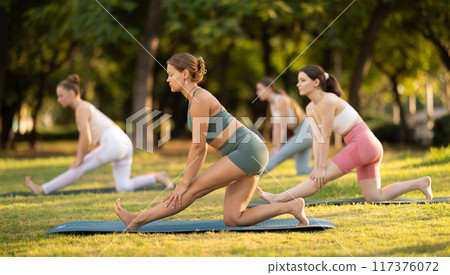 Different yoga poses performed by a slender girls in the gym in summer garden 117376072