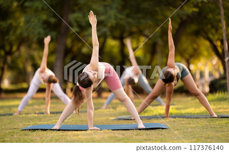 Group of young women doing yoga in park 117376140