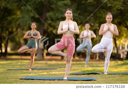 Focused young female yoga practitioner performing Garudasana in garden Focused young female yoga practitioner performing Garudasana in garden 117376188