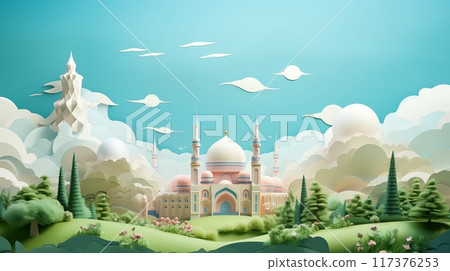 mosque in paper cutting style 3D illustration. Ramadan kareem and eid fitr islamic concept background for greeting card and flyer. colorful pastel color. 117376253