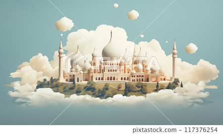 mosque in paper cutting style 3D illustration. Ramadan kareem and eid fitr islamic concept background for greeting card and flyer. colorful pastel color. 117376254