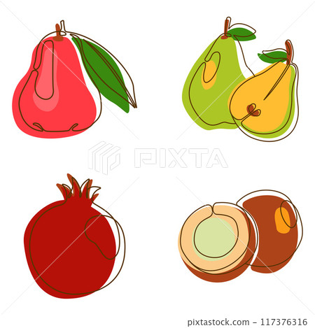 Water Apple Pear Pomegranate Coconut Fruit Healthy Food in Line Art Style 117376316