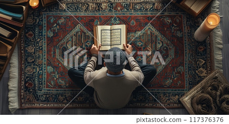 Top and back view Muslim man sitting praying on sajadah prayer mat. holding and read Quran in islamic mosque, Ramadan kareen and eid fitr or adha mubarak day background illustration, Generative AI 117376376