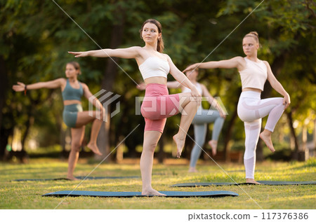 Group of young women doing stretching in park 117376386