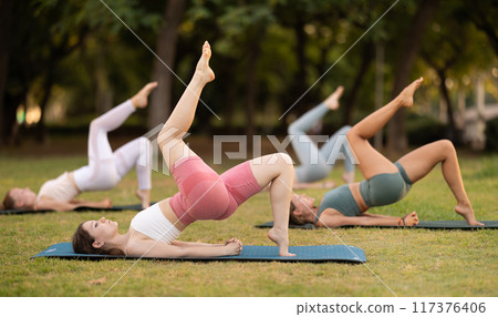 Athletic girls leading an active lifestyle, training in a summer park, performing dynamic asanas to improve body flexibility 117376406