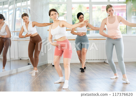 Young girl practicing basic ballet movements at group class Young girl practicing basic ballet movements at group class 117376620
