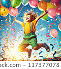 Boy jumping with balloons 117377078