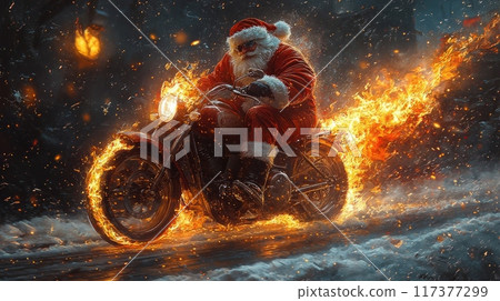 Contemporary Santa Claus riding a fast motorbike in fire in winter forest 117377299