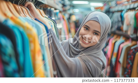 asian muslim woman shopping new clothes 117377335