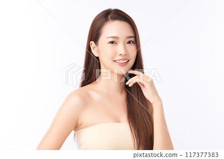 Beautiful young asian woman with clean fresh skin on white background, Face care, Facial treatment, Cosmetology, beauty and spa, Asian women portrait. 117377383