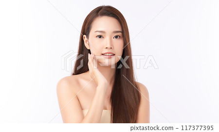 Beautiful young asian woman with clean fresh skin on white background, Face care, Facial treatment, Cosmetology, beauty and spa, Asian women portrait. Beautiful young asian woman with clean fresh skin on white background, Face care, Facial treatment, Cosmetology, beauty and spa, Asian women portrait. 117377395