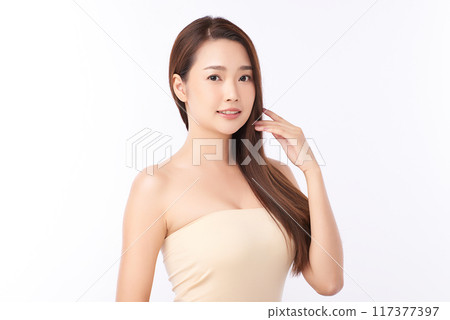 Beautiful young asian woman with clean fresh skin on white background, Face care, Facial treatment, Cosmetology, beauty and spa, Asian women portrait. Beautiful young asian woman with clean fresh skin on white background, Face care, Facial treatment, Cosmetology, beauty and spa, Asian women portrait. 117377397