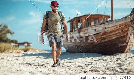 Traditional old wooden boats at a tidal sea water. 117377410