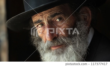 Portrait of senior orthodox jewish. Purim, festival, holiday, celebration, judaism, religion, human emotions concept. Portrait of senior orthodox jewish. Purim, festival, holiday, celebration, judaism, religion, human emotions concept. 117377417