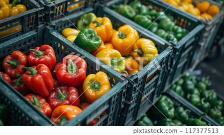 Various sweet peppers in plastic box, food storage or market 117377513